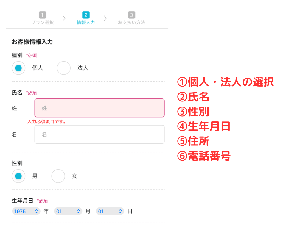 お客様情報の入力